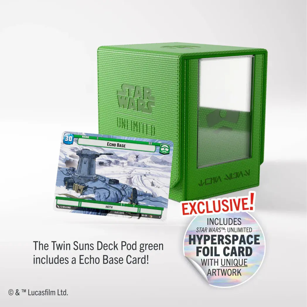 Green Twin Suns Deck Pod with a textured honeycomb finish. An "Echo Base" Hyperspace foil card is displayed in front of the box.