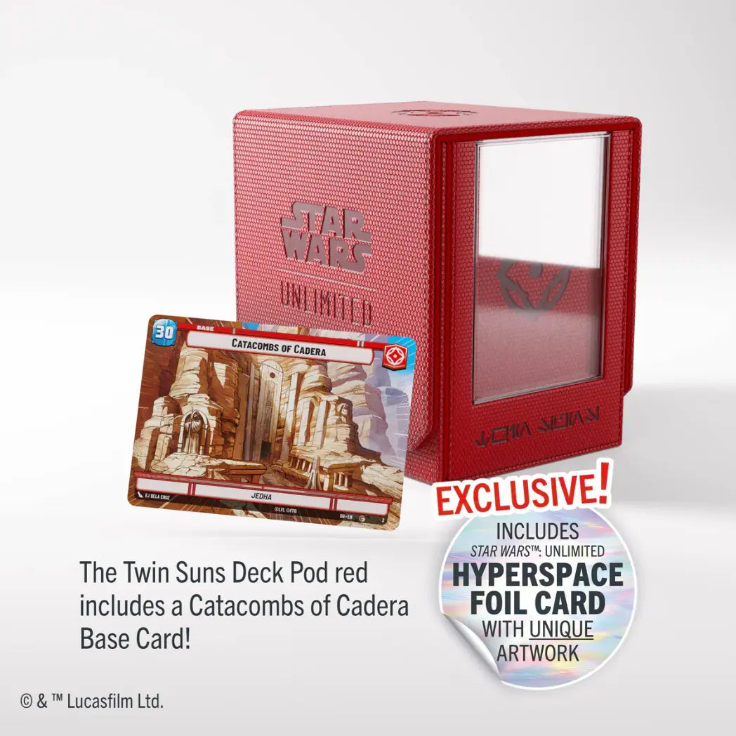 Red Twin Suns Deck Pod with a textured honeycomb finish. A "Catacombs of Cadera" Hyperspace foil card is displayed in front of the box