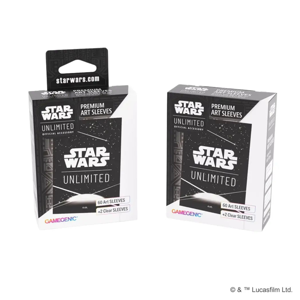 Star Wars: Unlimited premium art sleeves box featuring the Star Wars: Unlimited card back on a black and white background