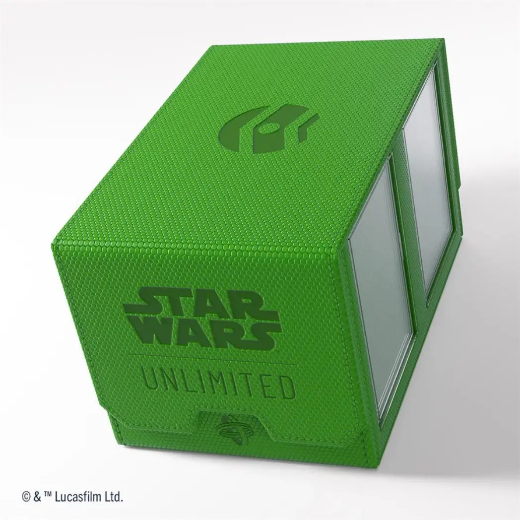 Green Twin Suns Double Deck Pod with a textured honeycomb finish and a debossed Star Wars Unlimited logo on the front.