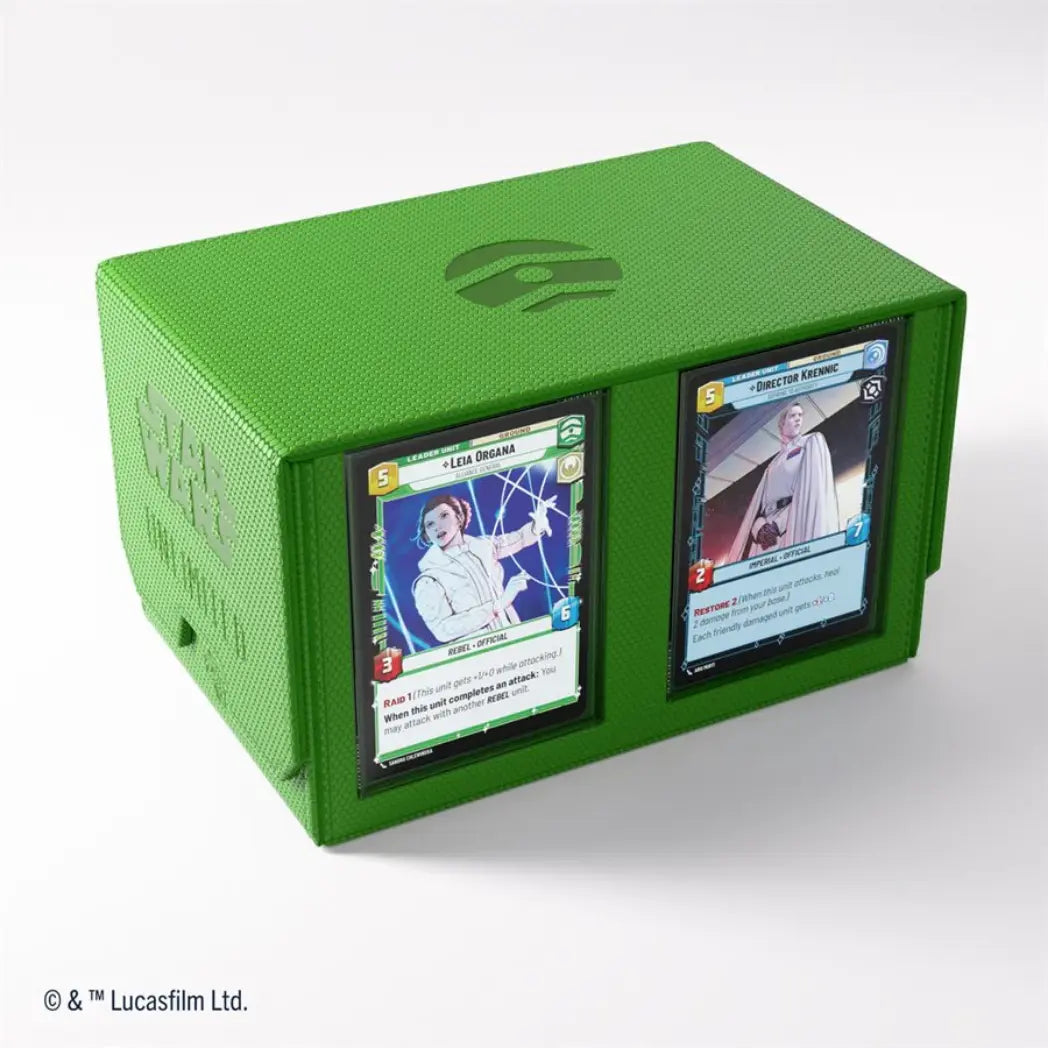 Green Twin Suns Double Deck Pod showing two side-facing card slots with a textured honeycomb finish and a debossed logo on top.