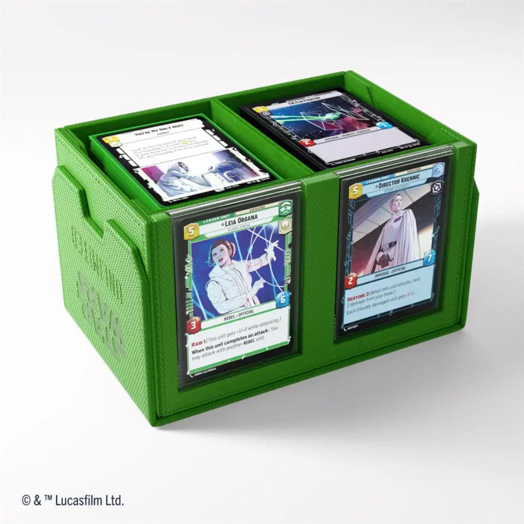 Green Twin Suns Double Deck Pod featuring two front-facing card display slots and a textured honeycomb finish.