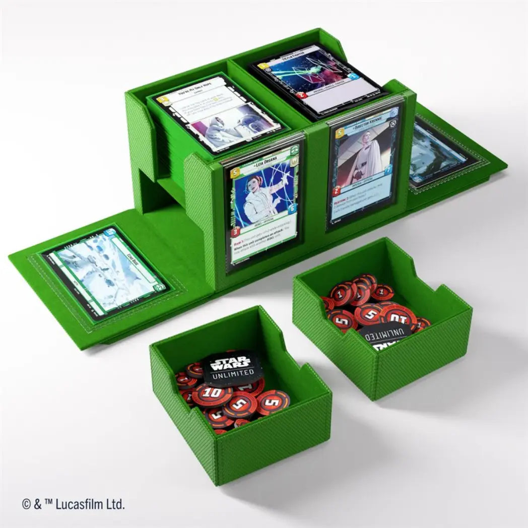 Green Twin Suns Double Deck Pod set featuring two open card compartments and two separate token drawers filled with game tokens