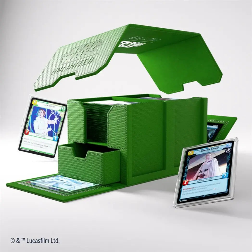 Green Twin Suns Double Deck Pod showing a detached lid, two card compartments, and a partially open token drawer.
