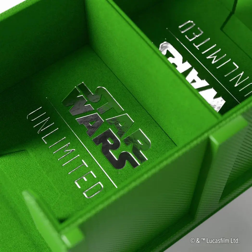 Close-up of the interior of the Green Twin Suns Double Deck Pod featuring the Star Wars Unlimited logo in silver foil.