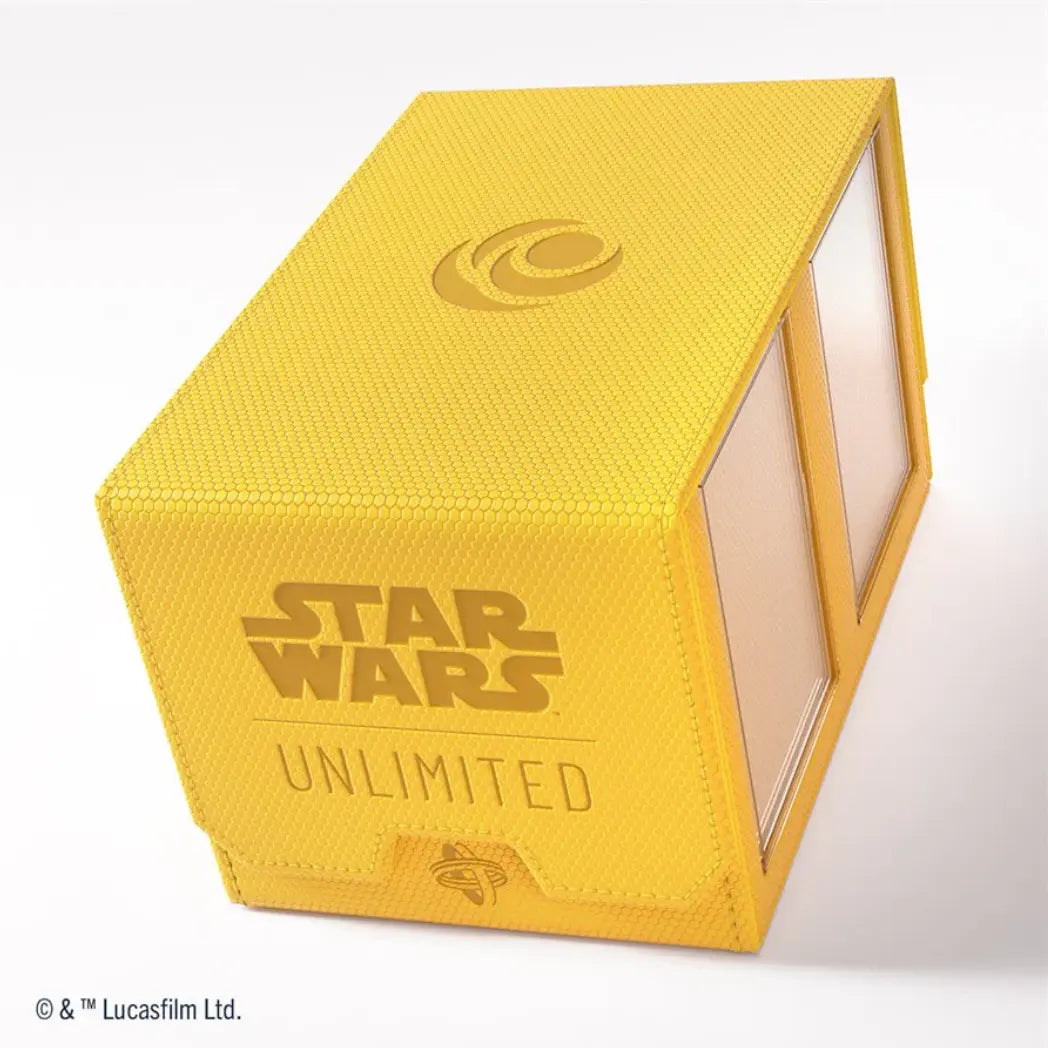 Yellow Double Deck Pod with a textured honeycomb finish and a debossed Star Wars Unlimited logo on the front.