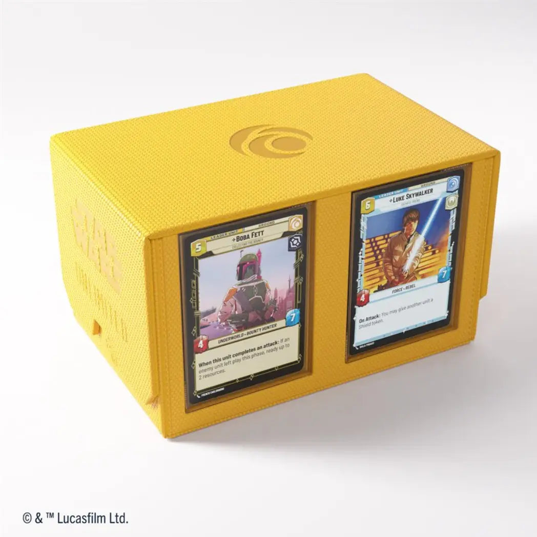 Yellow Double Deck Pod featuring Boba Fett and Luke Skywalker leader cards in front-facing display slots.