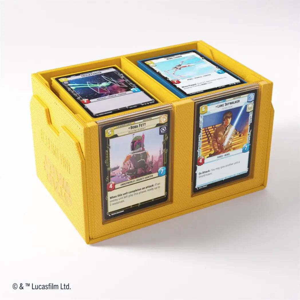 Yellow Double Deck Pod featuring an open deck box with two card compartments and two separate token drawers.
