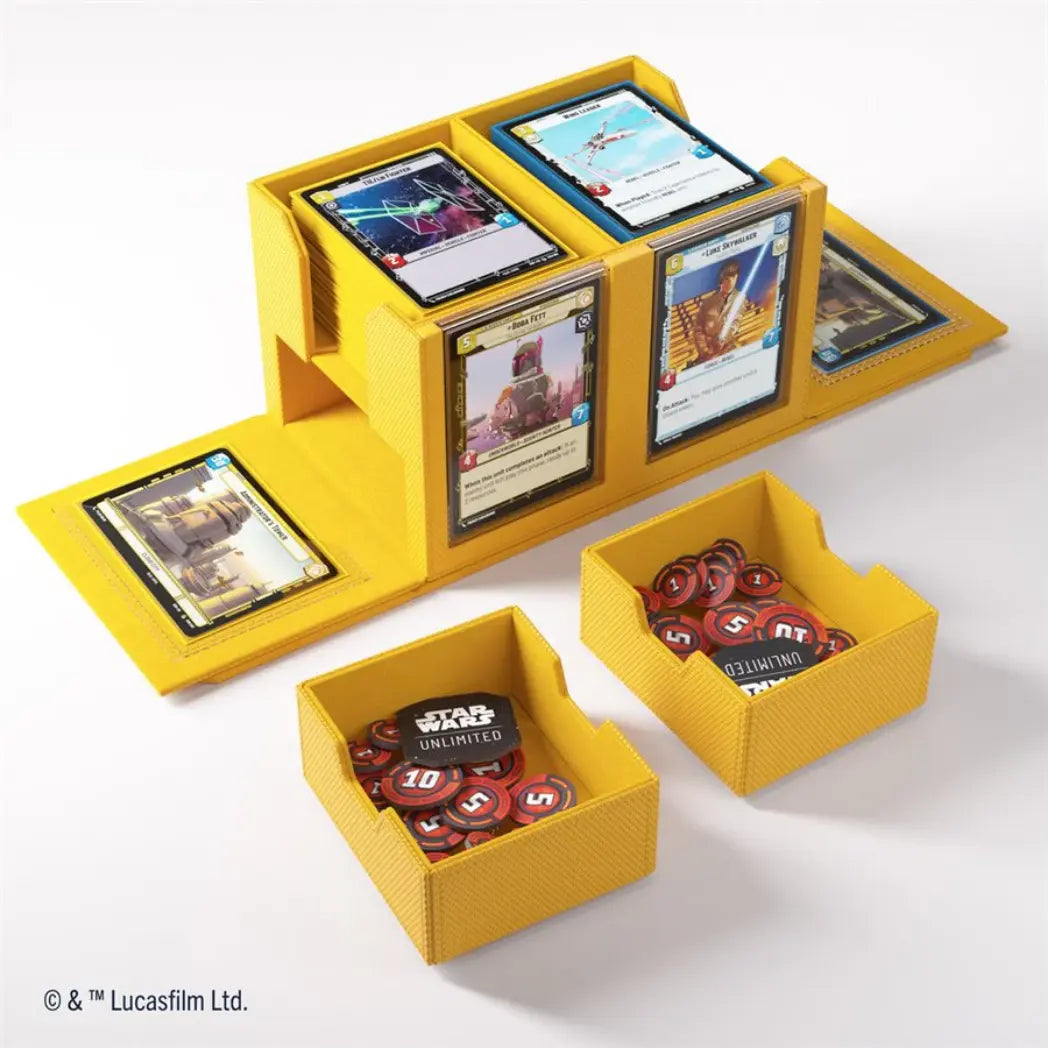 Yellow Double Deck Pod set featuring an open case with two card compartments and two separate token drawers.