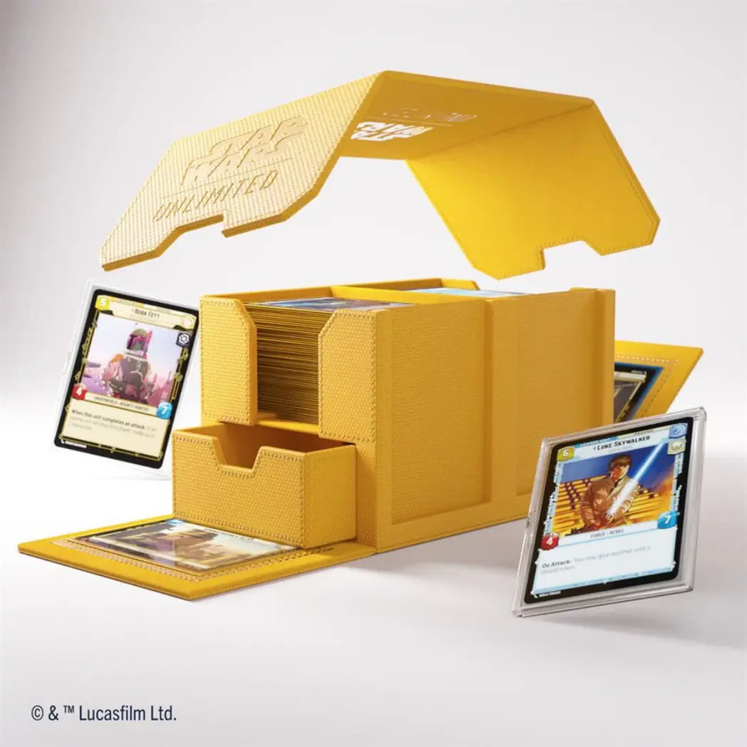 Yellow Double Deck Pod featuring an open deck box with two card compartments and two separate token drawers.