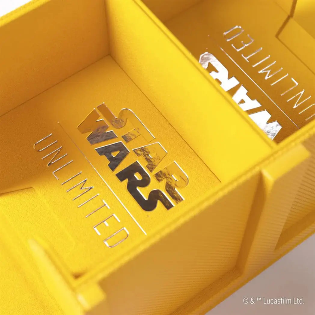 Yellow Double Deck Pod featuring an open deck box with two card compartments and two separate token drawers.