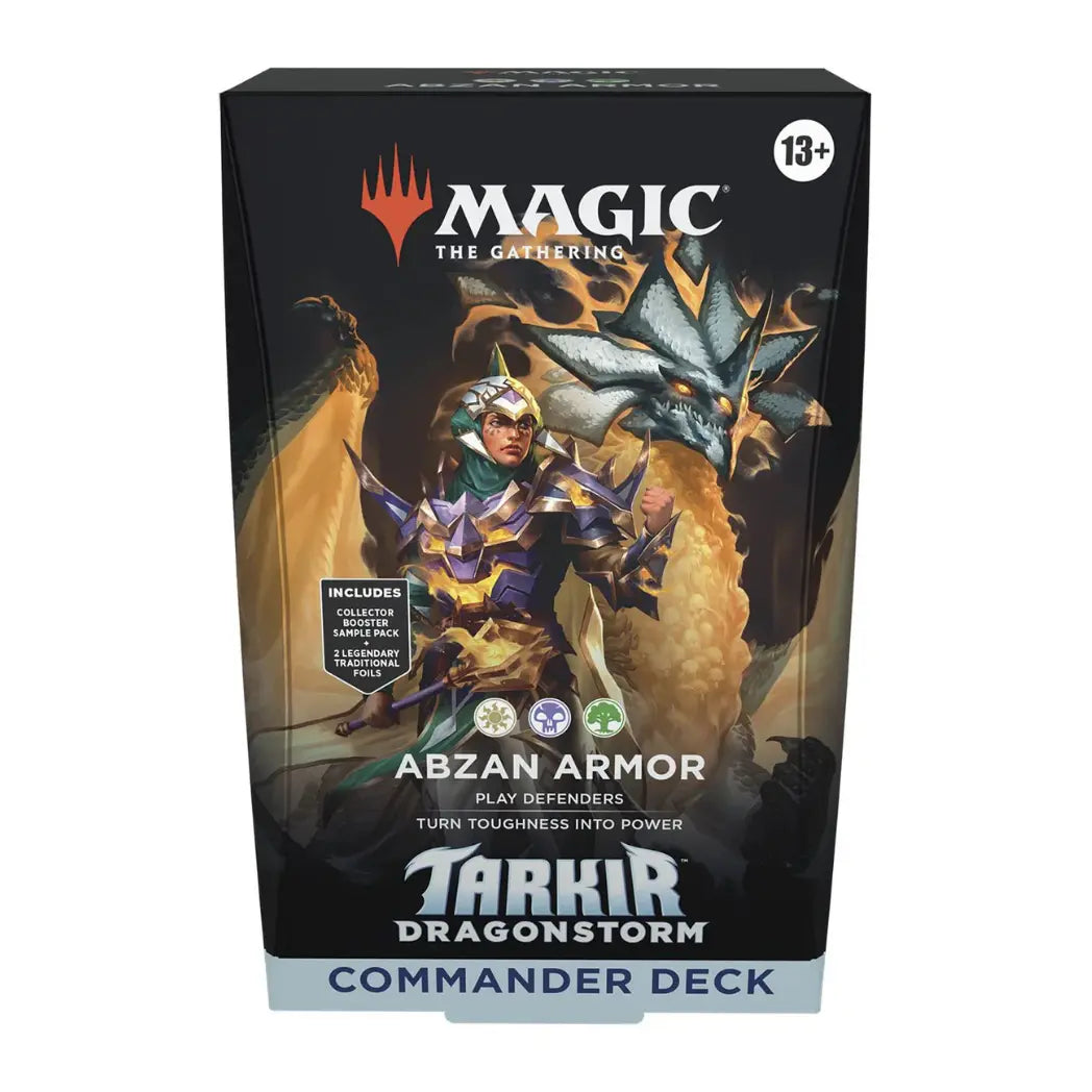 Magic: The Gathering Abzan Armor Commander Deck featuring an armored warrior and a golden dragon on a dark background.