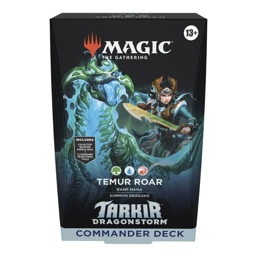 Magic: The Gathering Temur Roar Commander Deck featuring a warrior and a spectral green dragon on a dark, misty background.