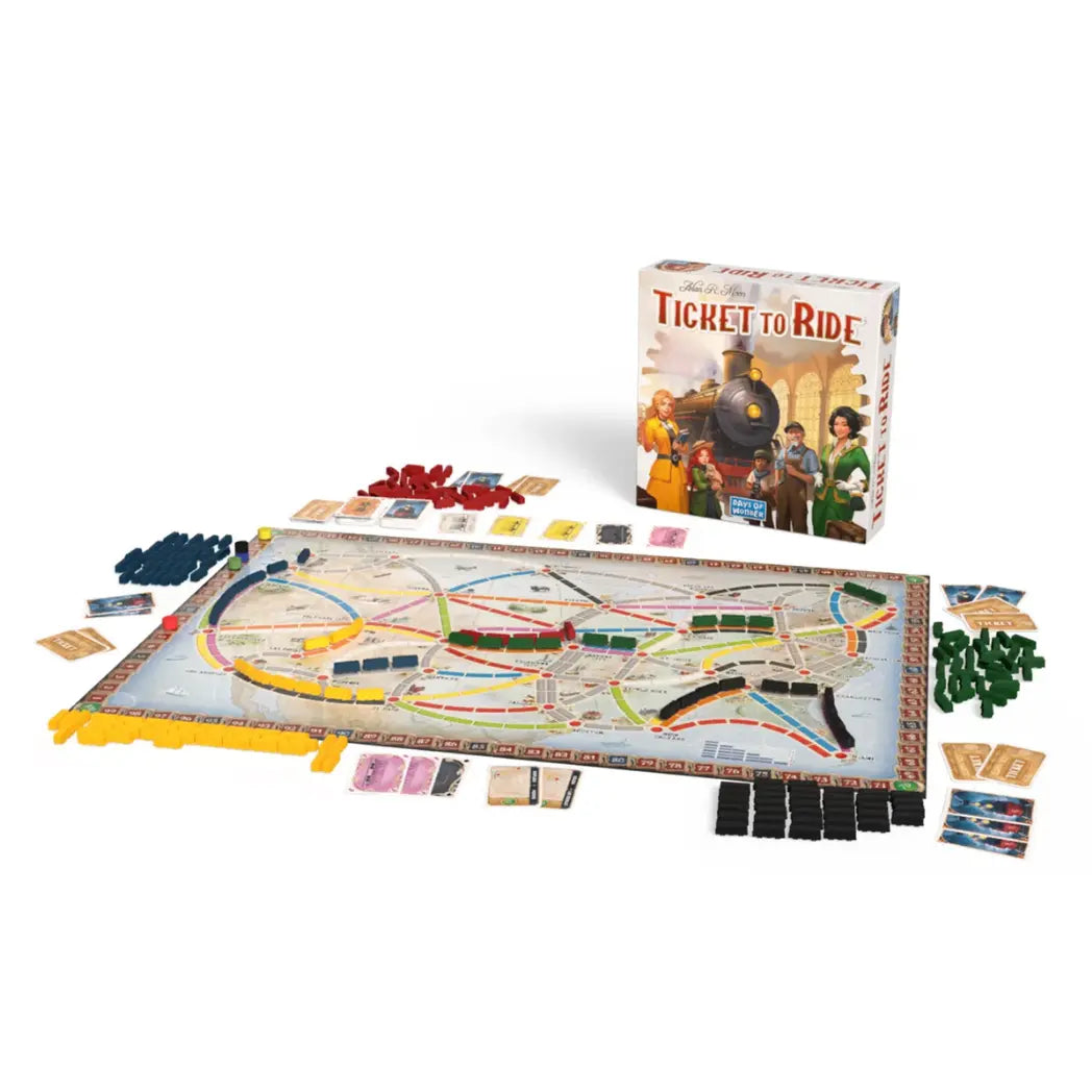 Ticket to Ride board game components including a map of North America, colorful train pieces, and cards.