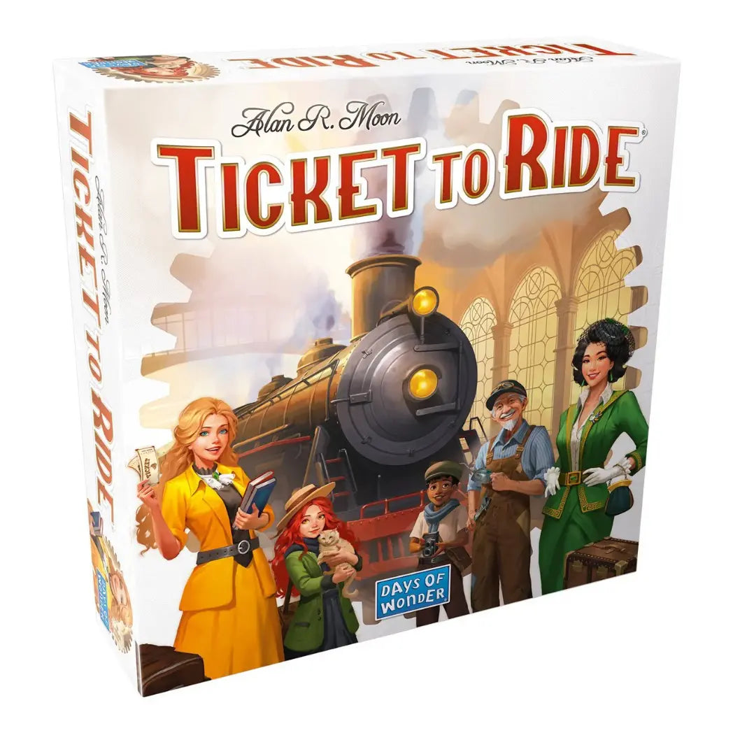 Ticket to Ride board game box featuring a diverse group of people standing in front of a steam locomotive at a train station.
