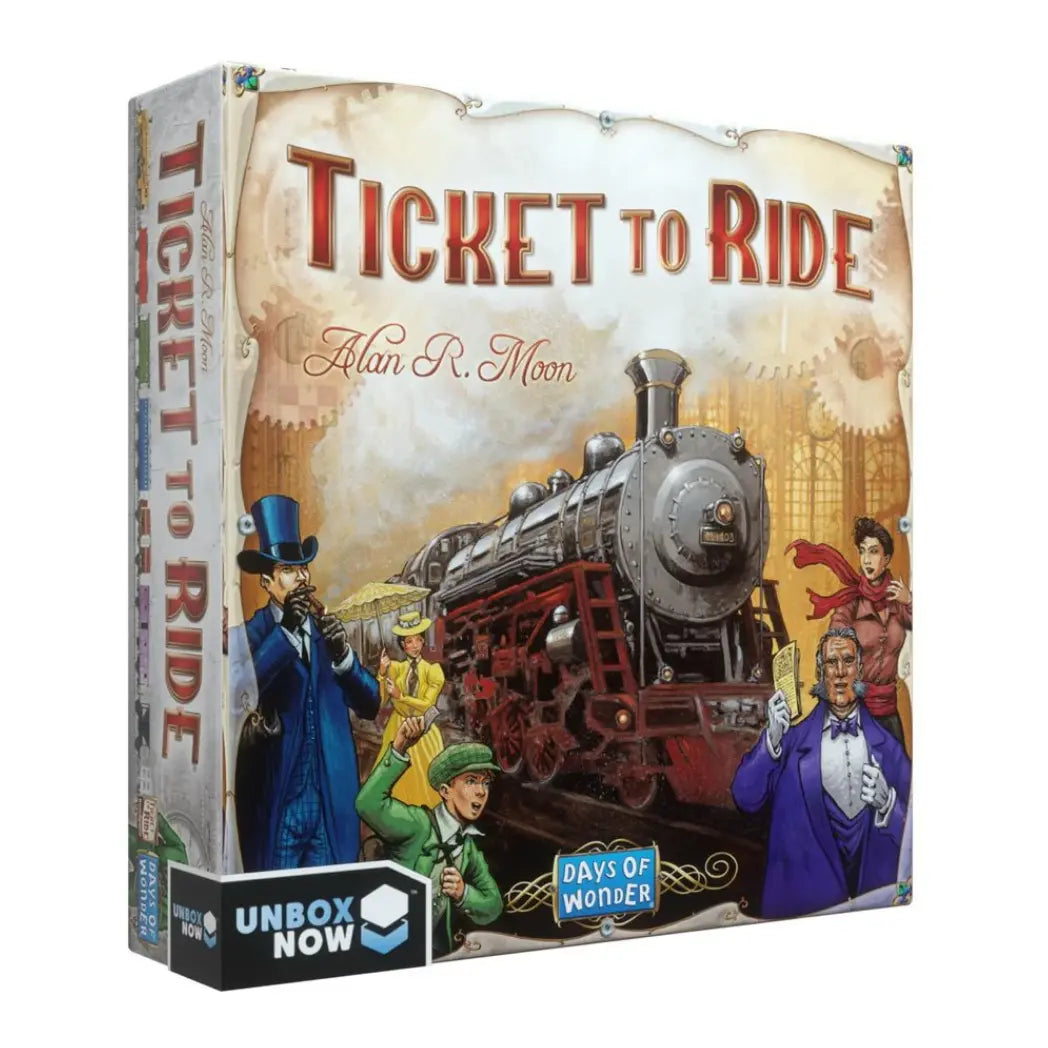Ticket to Ride board game box featuring people in Victorian-era clothing standing by a large steam engine at a station.