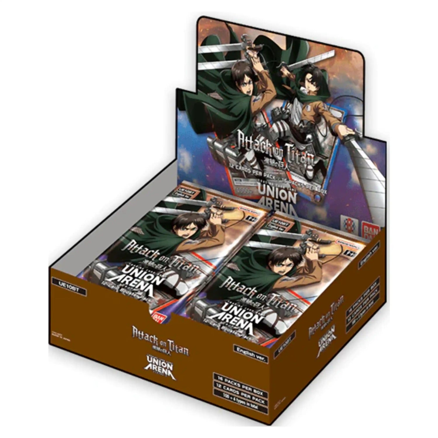 Union Arena Attack on Titan Booster Box display, featuring Eren Jaeger and Levi Ackerman wielding swords on the artwork.