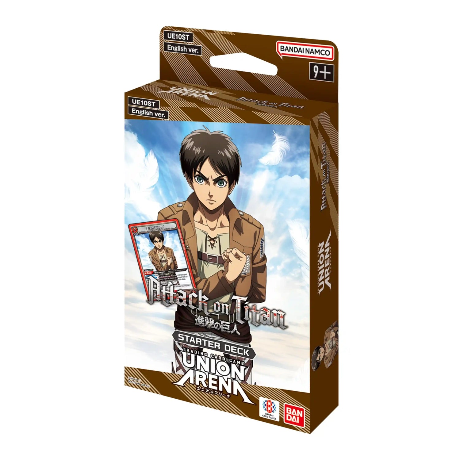 Union Arena Attack on Titan Starter Deck packaging, featuring Eren Jaeger saluting and a preview card.