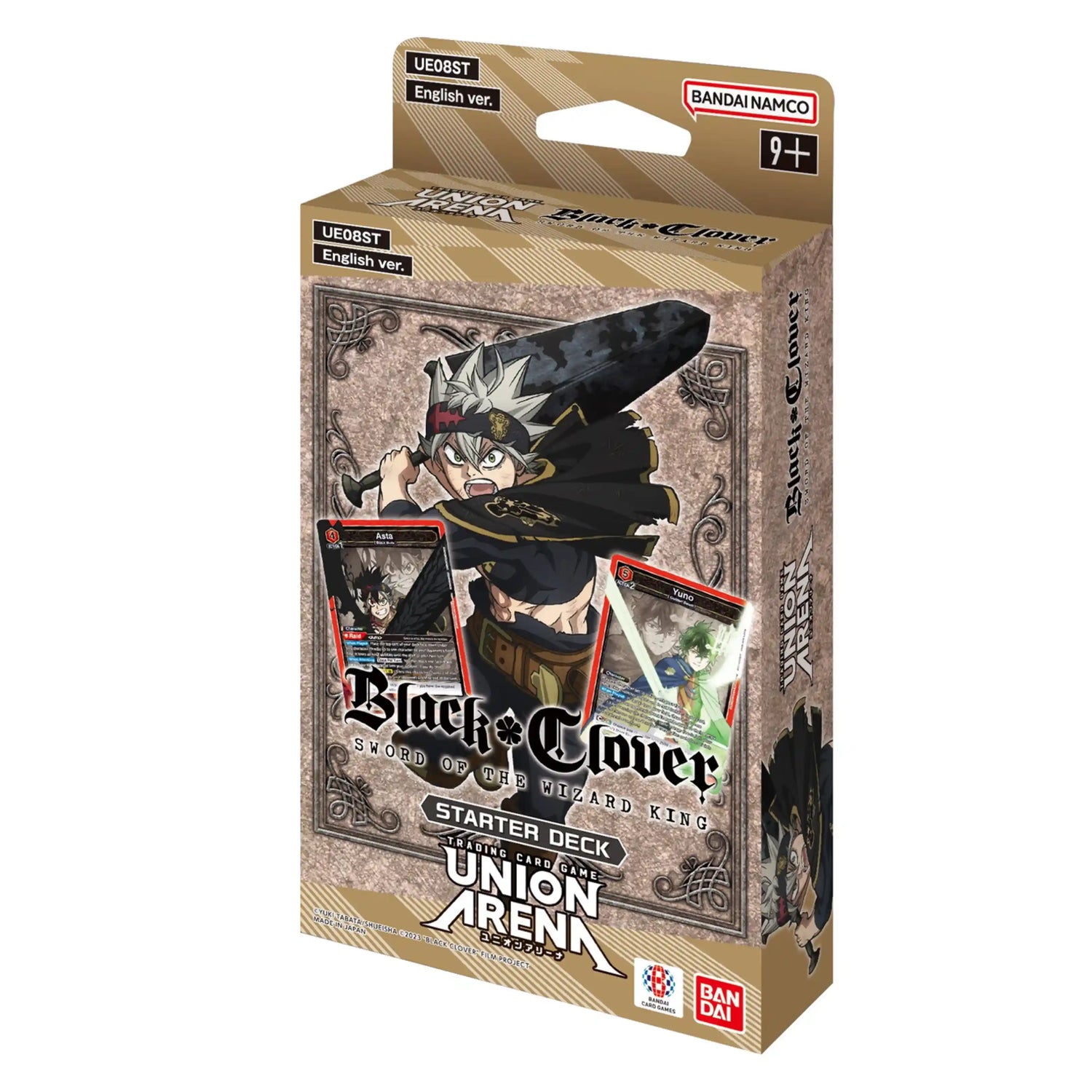 Union Arena Black Clover Starter Deck packaging, featuring Asta wielding a large sword and two preview cards.