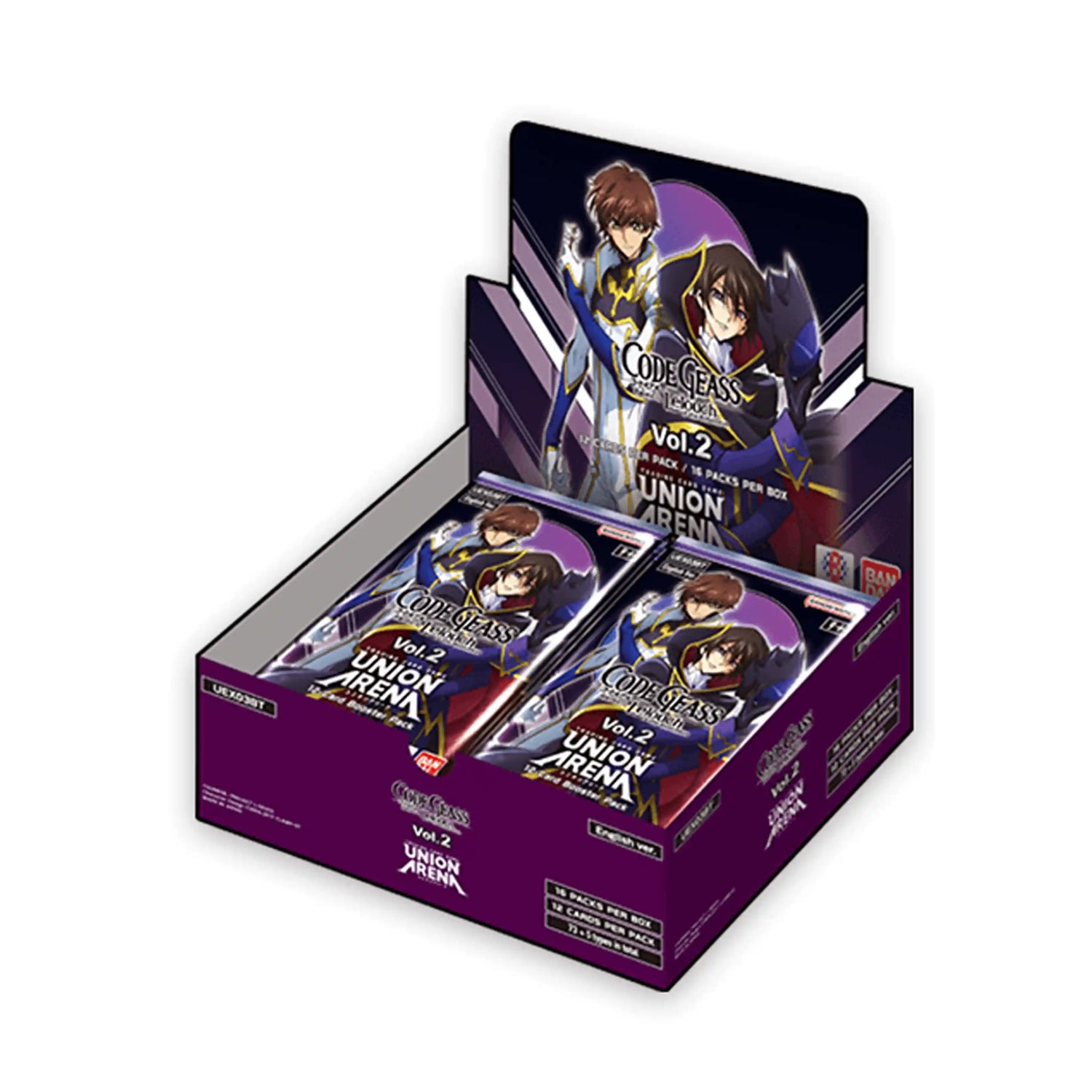 Union Arena Code Geass Vol. 2 Booster Box display, featuring Lelouch Lamperouge and Suzaku Kururugi on the purple packaging.