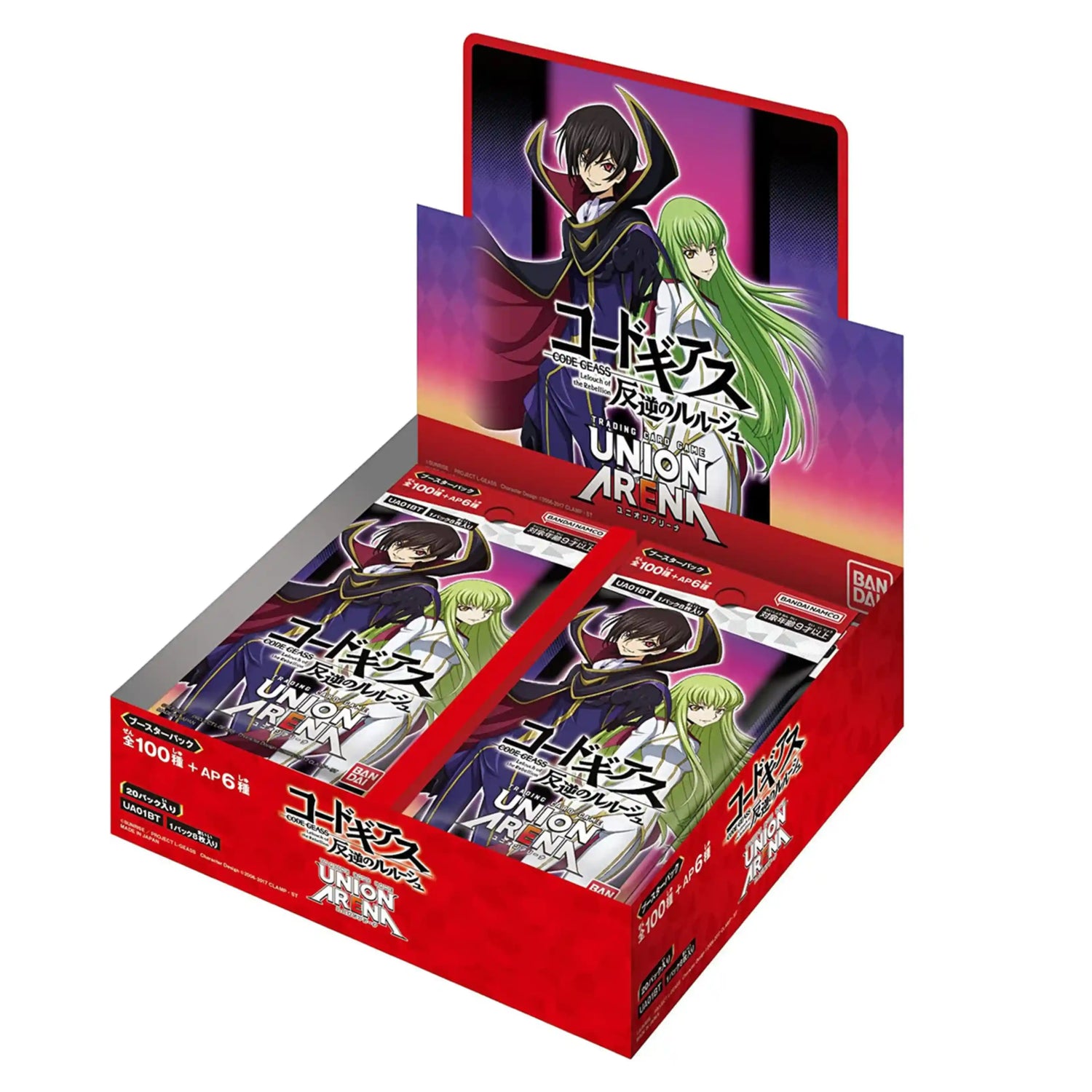 Union Arena Code Geass Booster Box display, featuring Lelouch lamperouge and C.C. on the artwork.
