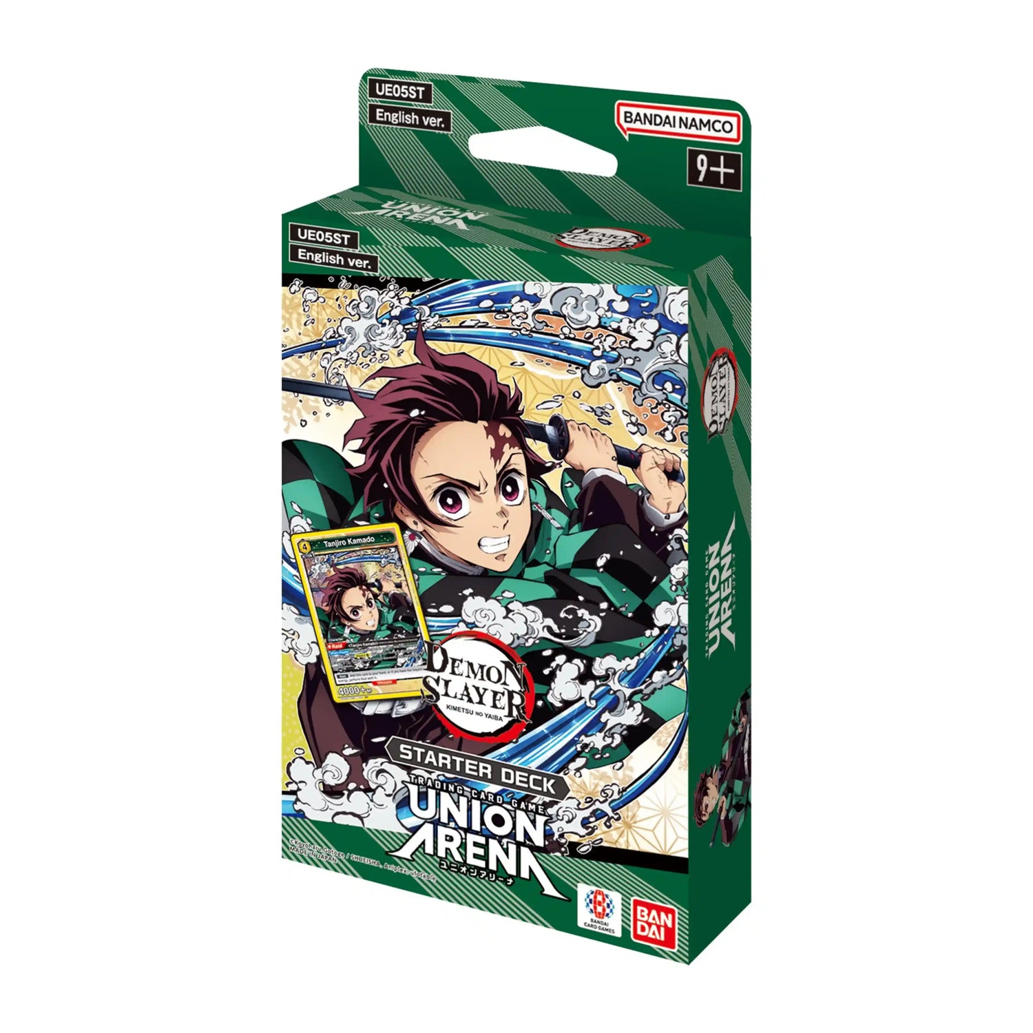 Union Arena Demon Slayer Starter Deck packaging, featuring Tanjiro Kamado wielding a sword and a preview card.