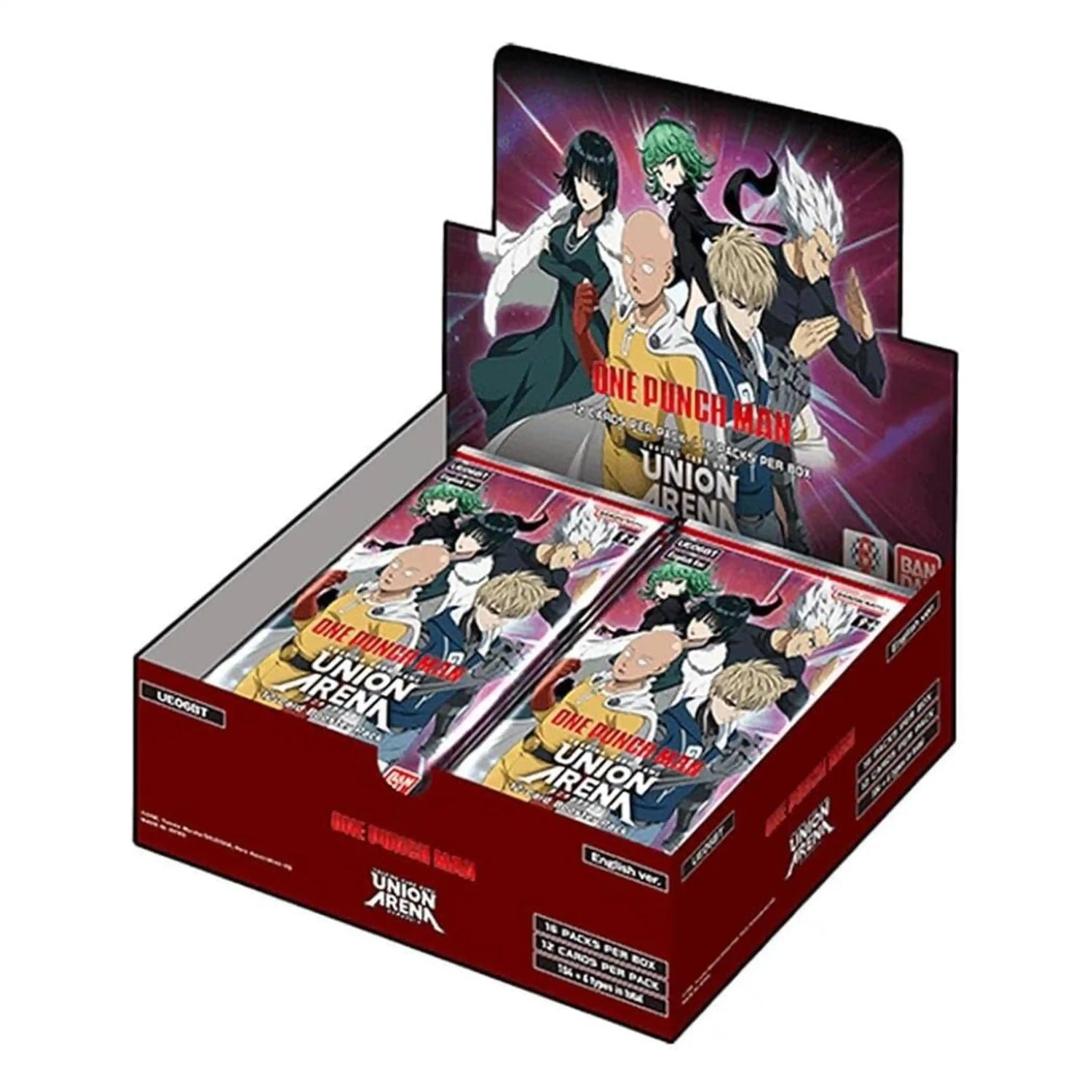 Union Arena One Punch Man Booster Box display, featuring Saitama, Genos, Garou, Tatsumaki, and Fubuki on the artwork.