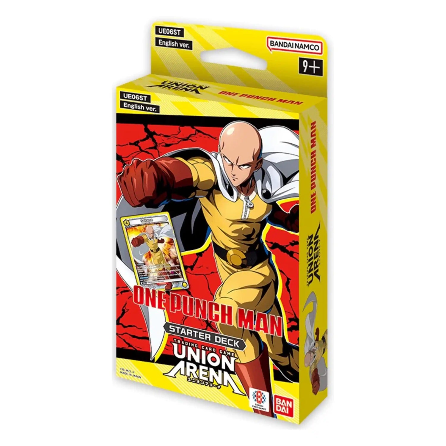 Union Arena One Punch Man Starter Deck packaging, featuring Saitama throwing a punch and a preview card.