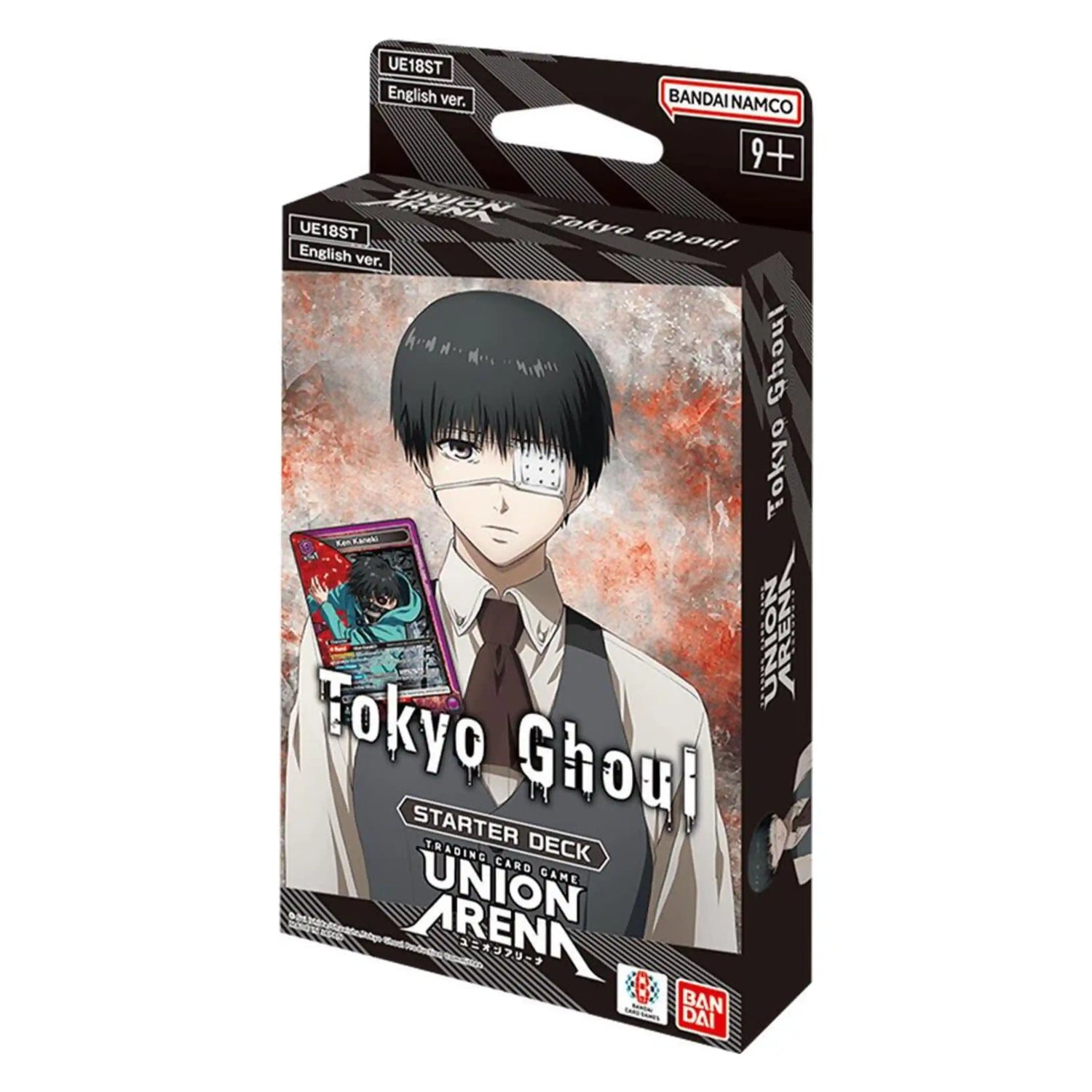 Union Arena Tokyo Ghoul Starter Deck packaging, featuring Ken Kaneki with an eyepatch and a preview card.