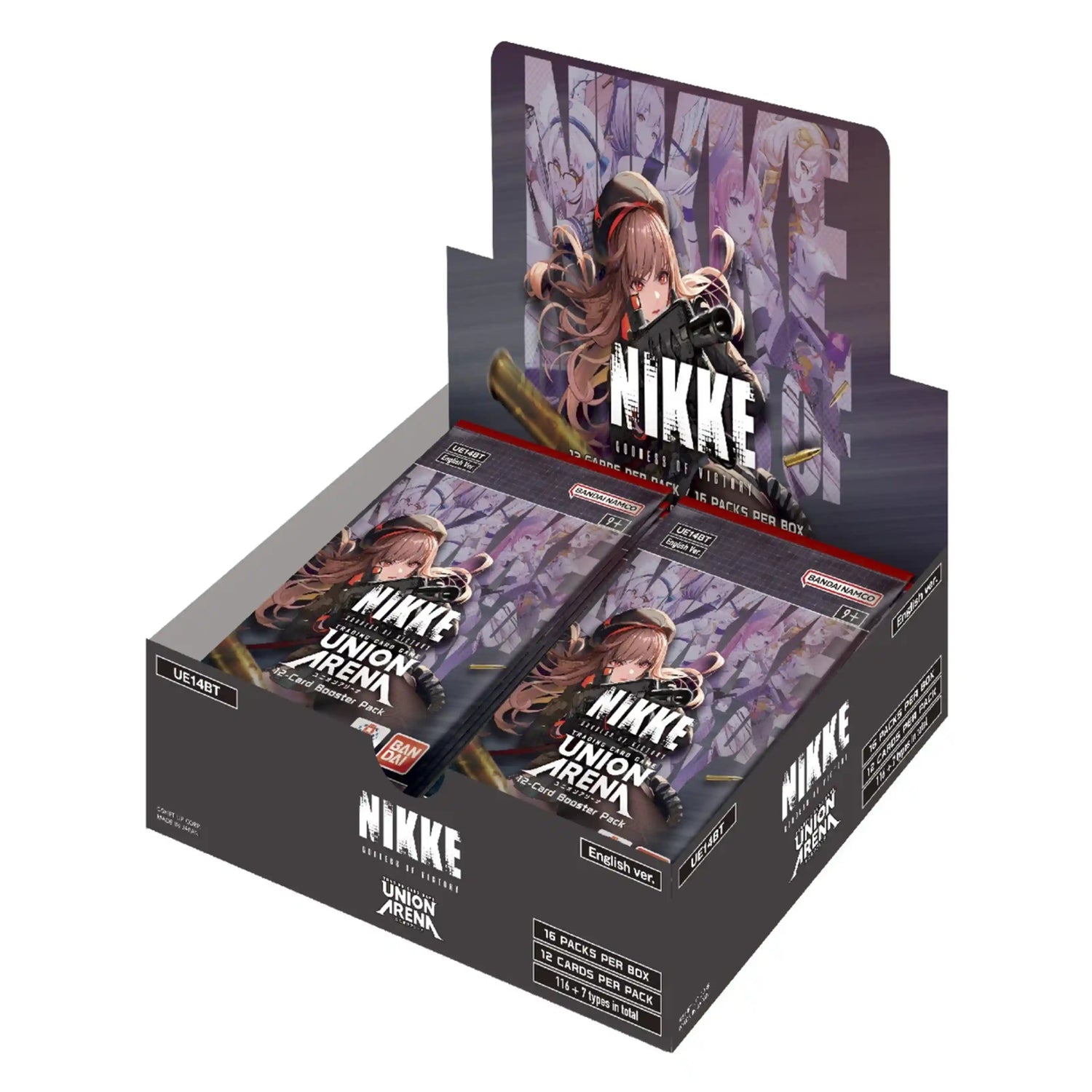 Union Arena Goddess of Victory: Nikke Booster Box display, featuring Rapi holding a firearm on the artwork.