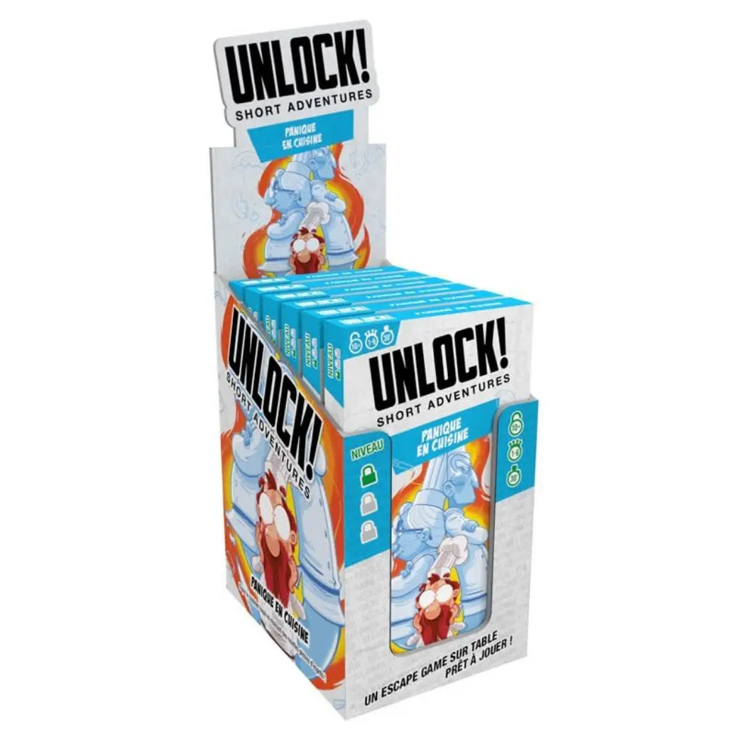 Unlock! Short Adventures display box containing Panique en Cuisine card games featuring a chef and stone statues.
