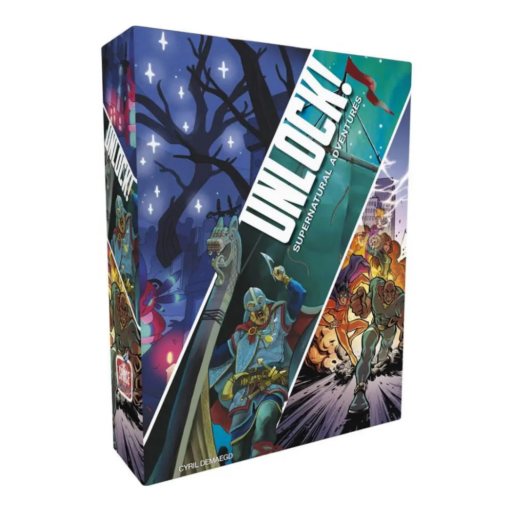 Unlock! Supernatural Adventures box featuring diagonal panels of a spooky forest, a Viking warrior, and a group of superheroes.