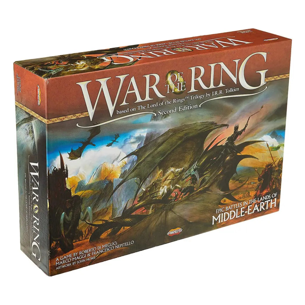 War of the Ring Second Edition box featuring a Nazgûl on a flying beast over a Middle-earth battlefield with a sunset background.