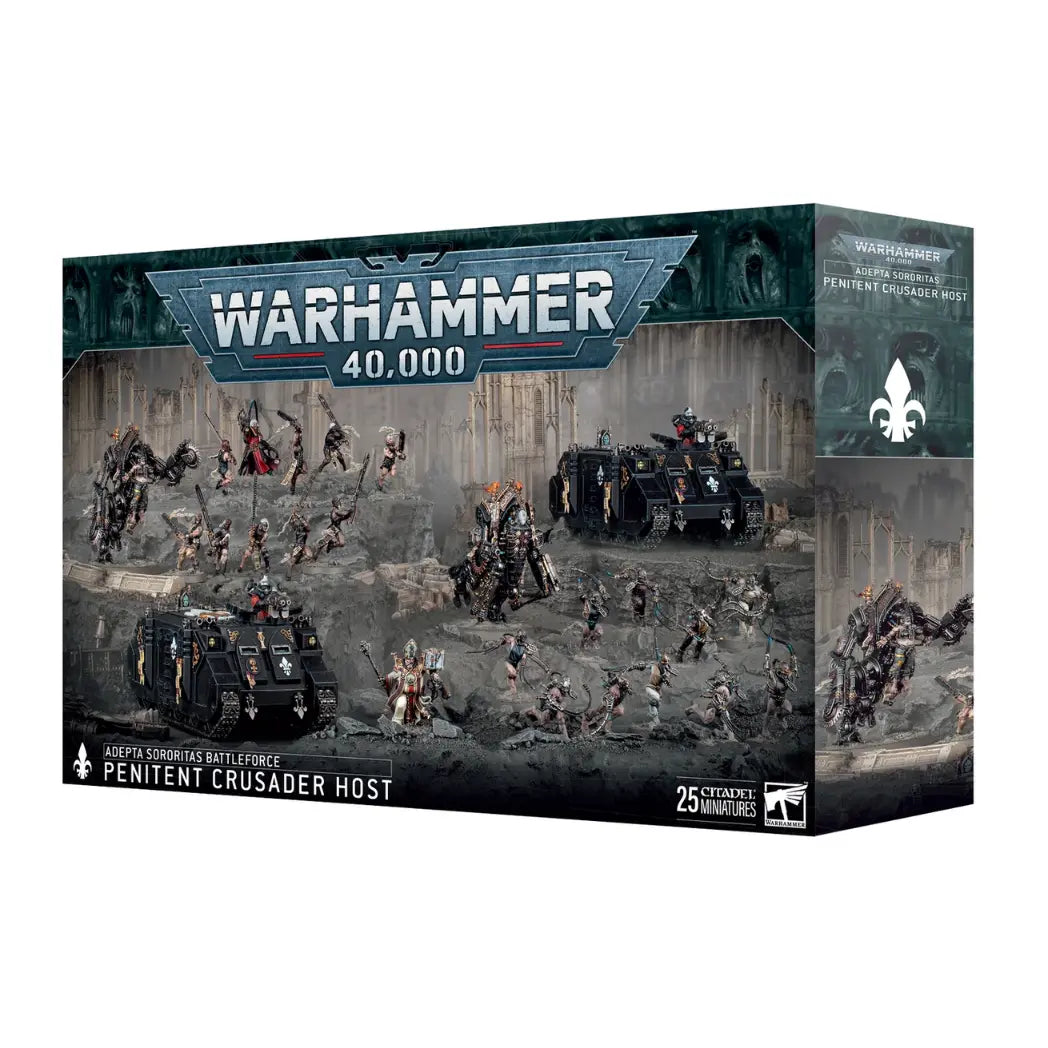 Warhammer 40k Adepta Sororitas Penitent Crusader Host box including various miniatures, two Rhinos and various Penitent engines.