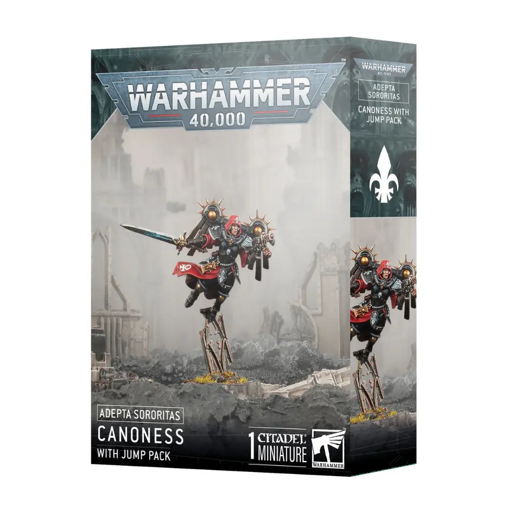 Warhammer 40k Adepta Sororitas Canoness with Jump Pack box featuring a winged warrior in silver armor and red robes wielding a two-handed sword.