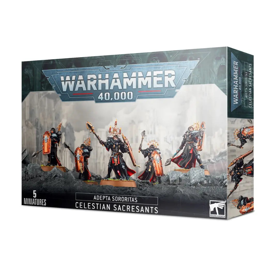 warhammer 40k Adepta Sororitas Celestian Sacresants box featuring elite warriors in black armor with large orange and silver shields.