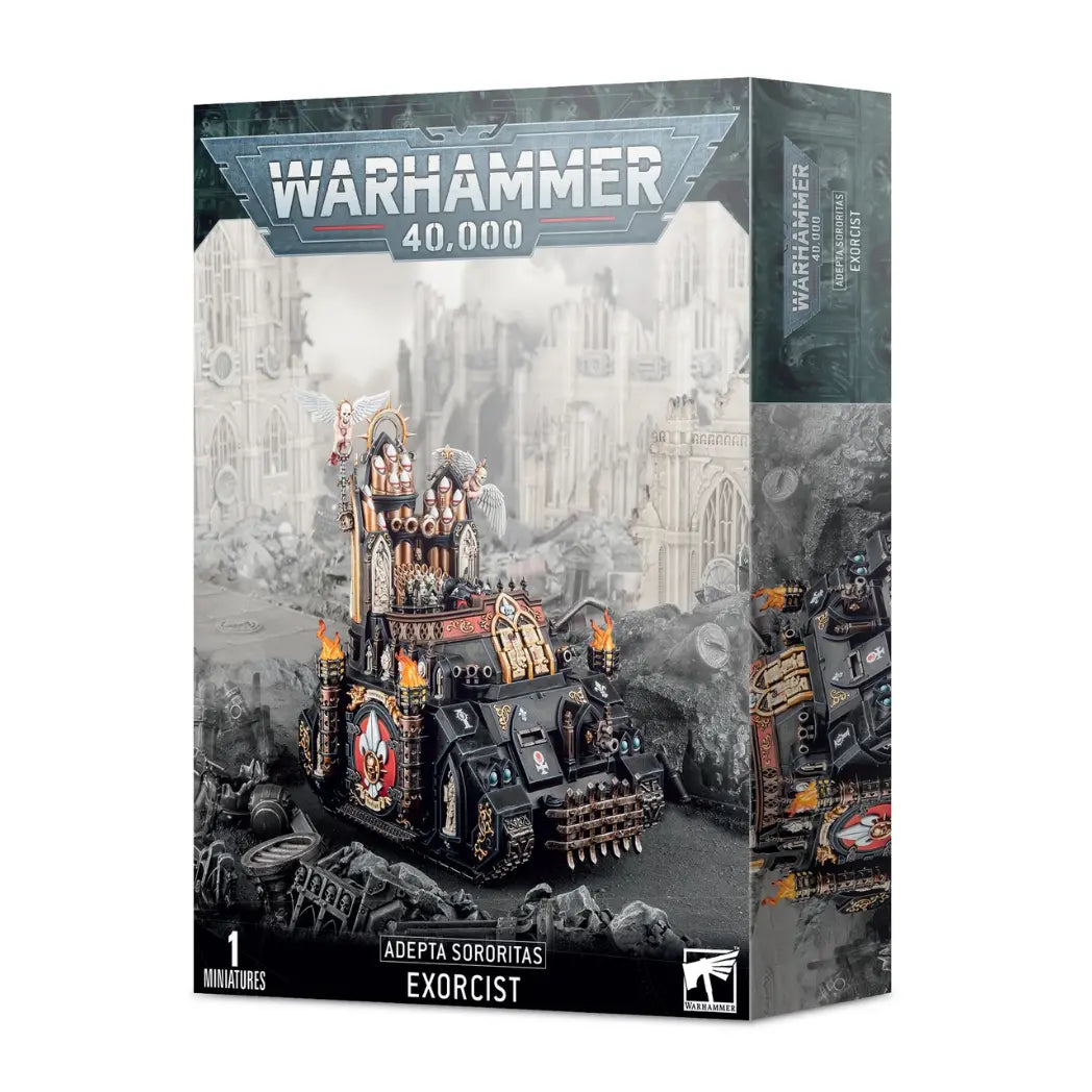 Warhammer 40k Adepta Sororitas Exorcist box featuring a black tank with a massive pipe organ missile launcher and gold details.