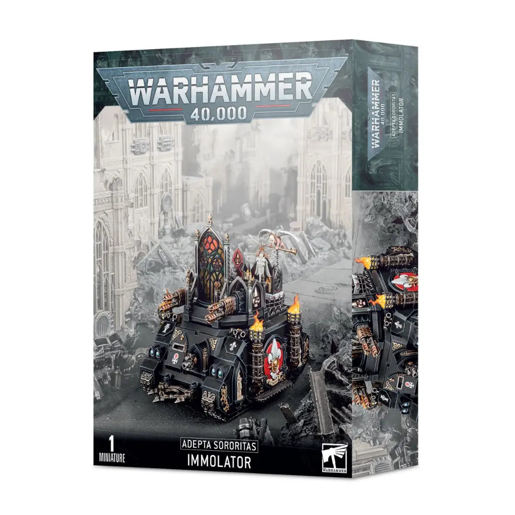 Warhammer 40k Adepta Sororitas Immolator box featuring a black tank with stained glass shields and a twin flamethrower turret.