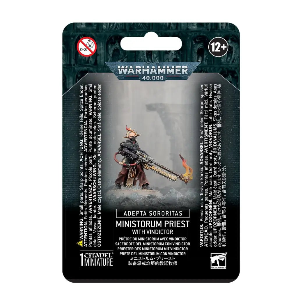 Warhammer 40k Adepta Sororitas Ministorum Priest with Vindicator blister pack featuring a priest in dark robes wielding a flaming chainsword.
