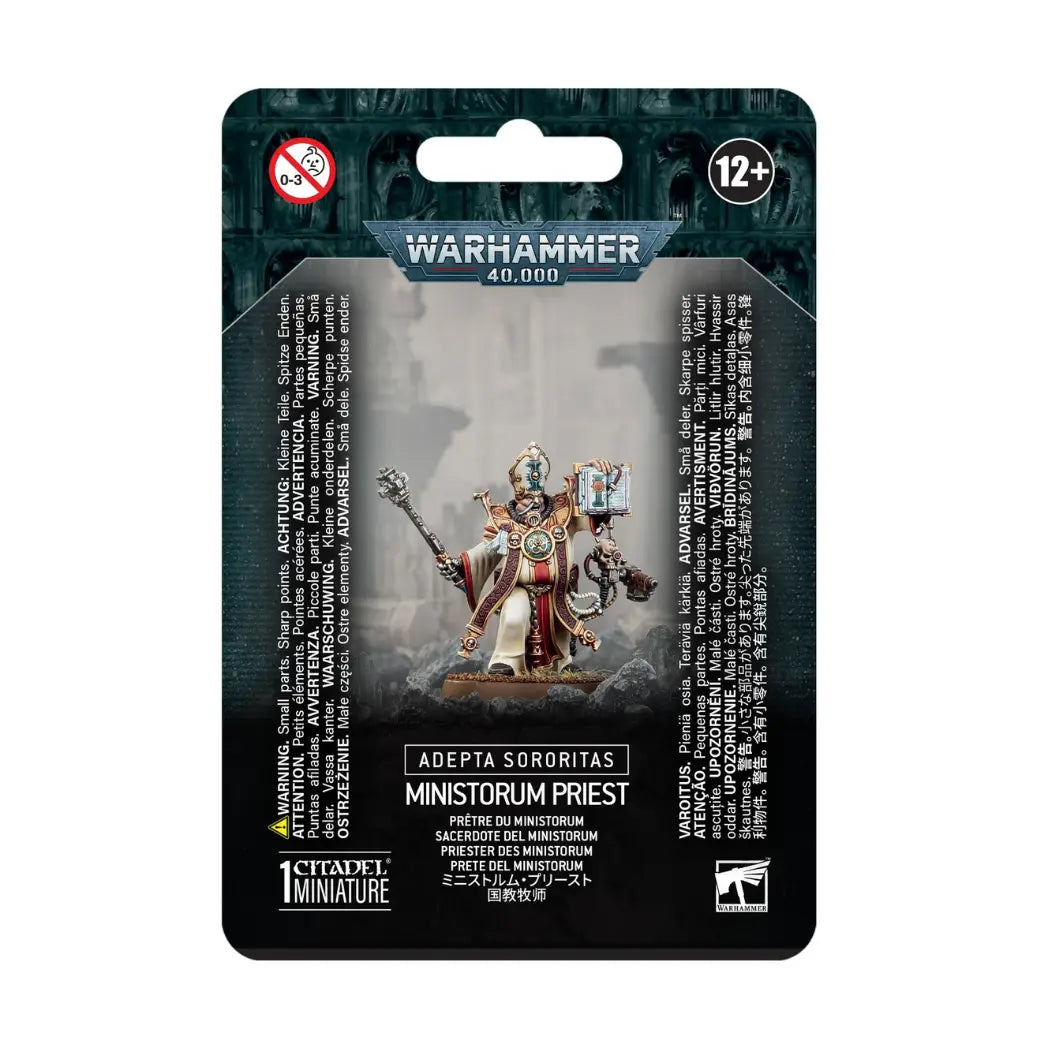 Warhammer 40k Adepta Sororitas Ministorum Priest blister pack featuring a priest in white and red robes holding a mace and a holy book.