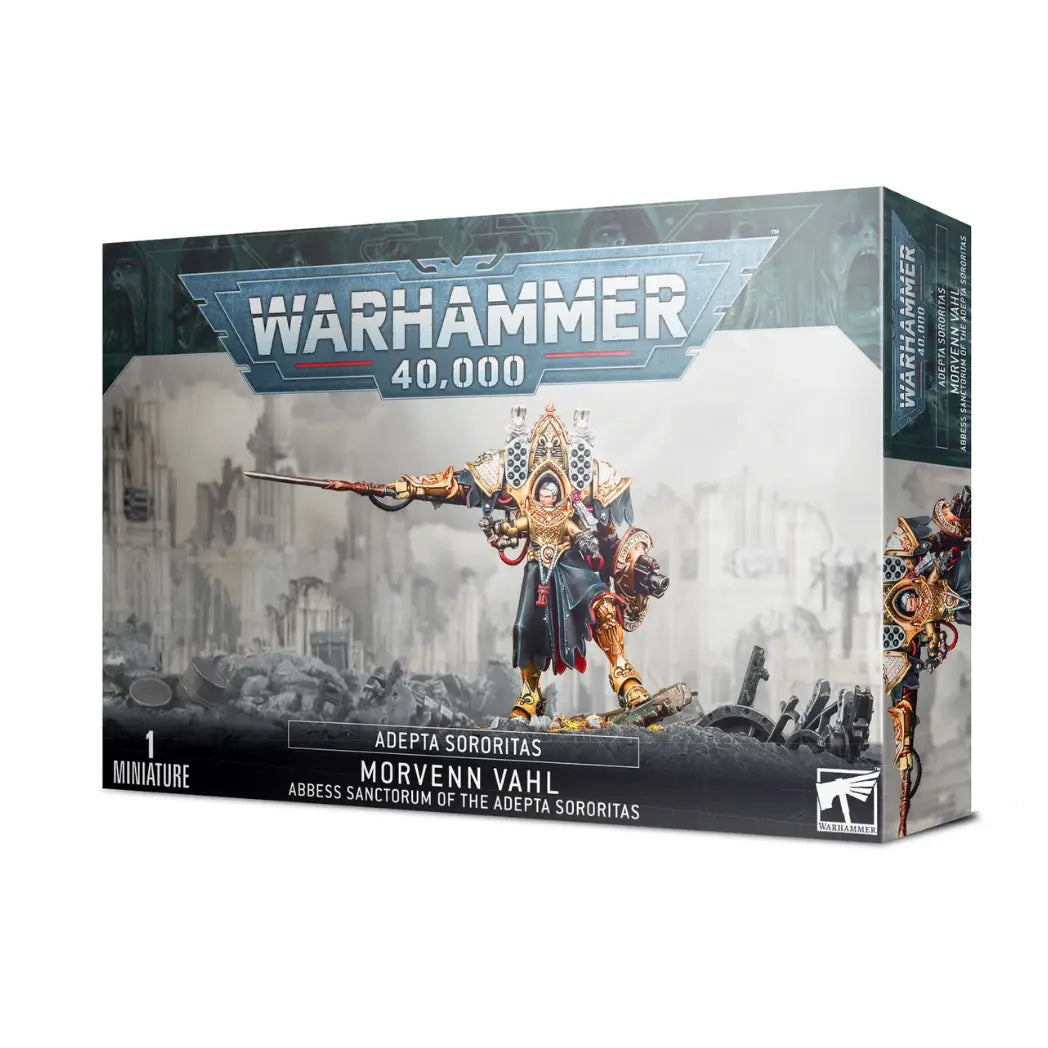 Warhammer 40,000 Morvenn Vahl the Abbess Sanctorum in ornate gold power armor wielding a long spear.