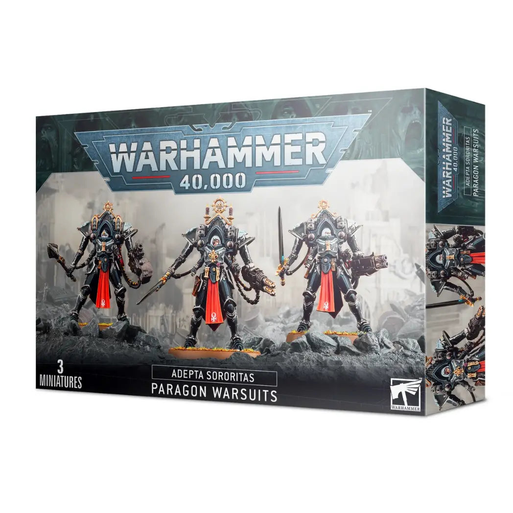 Warhammer 40k Adepta Sororitas Paragon Warsuits box featuring three sisters in large black mechanical suits with gold trim and Red robes.