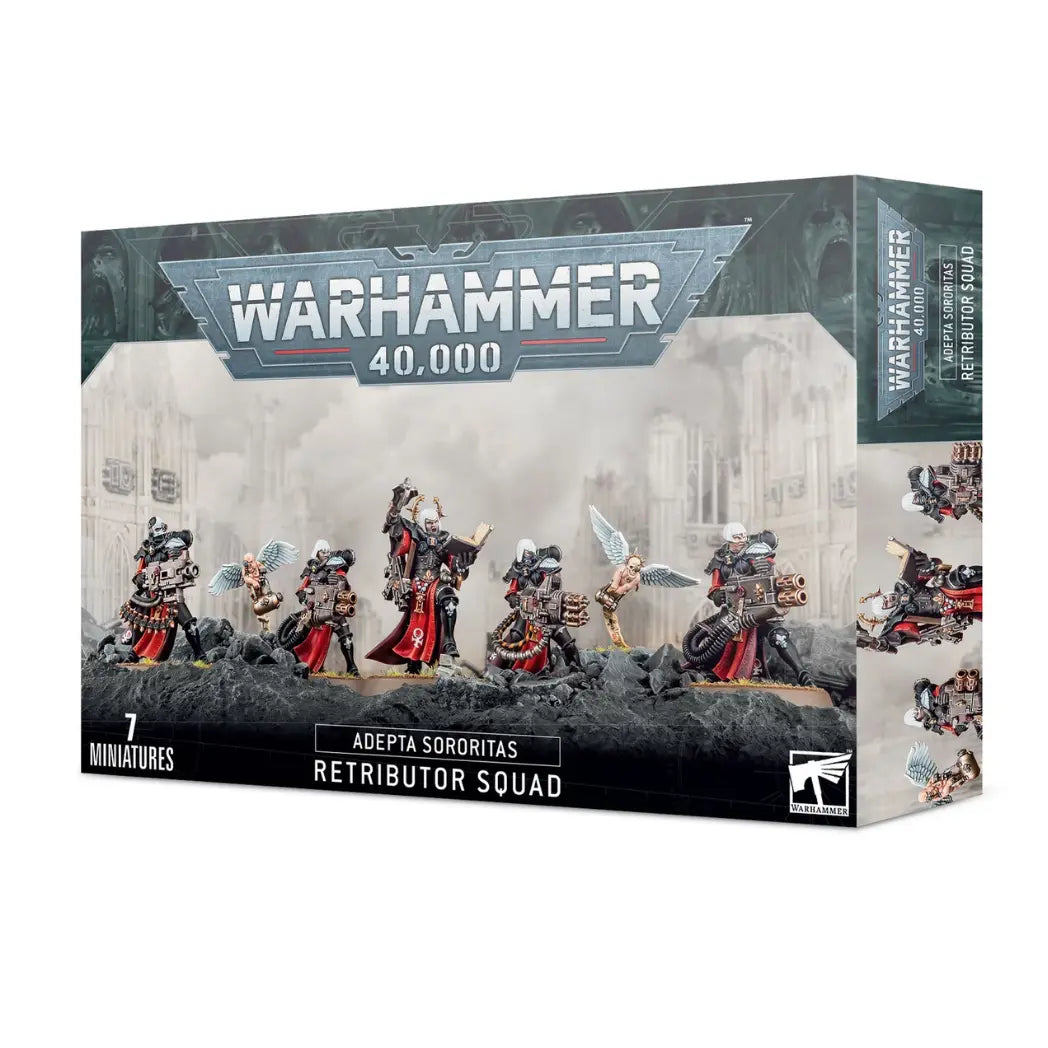 Warhammer 40k Adepta Sororitas Retributor Squad box featuring sisters in black armor and red robes wielding heavy weapons.