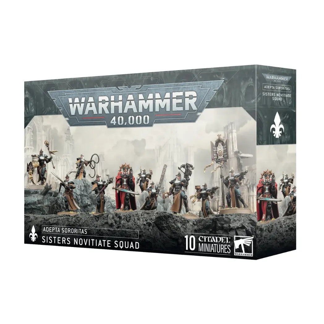 Adepta Sororitas Sisters Novitiate Squad box featuring initiates in black and brown robes with various specialized melee weapons.