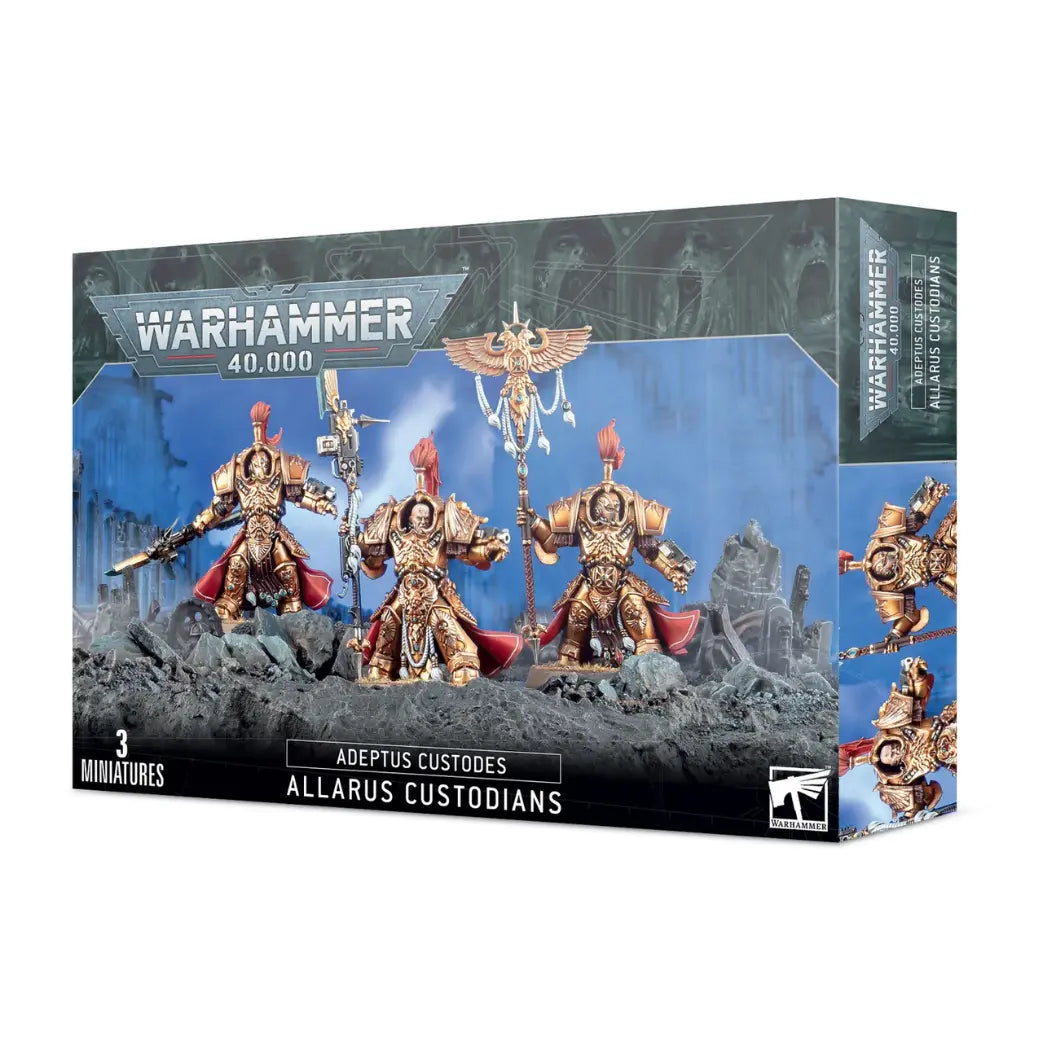 Warhammer 40k Adeptus Custodes Allarus Custodians box featuring three warriors in ornate gold armor with guardian spears and axes.