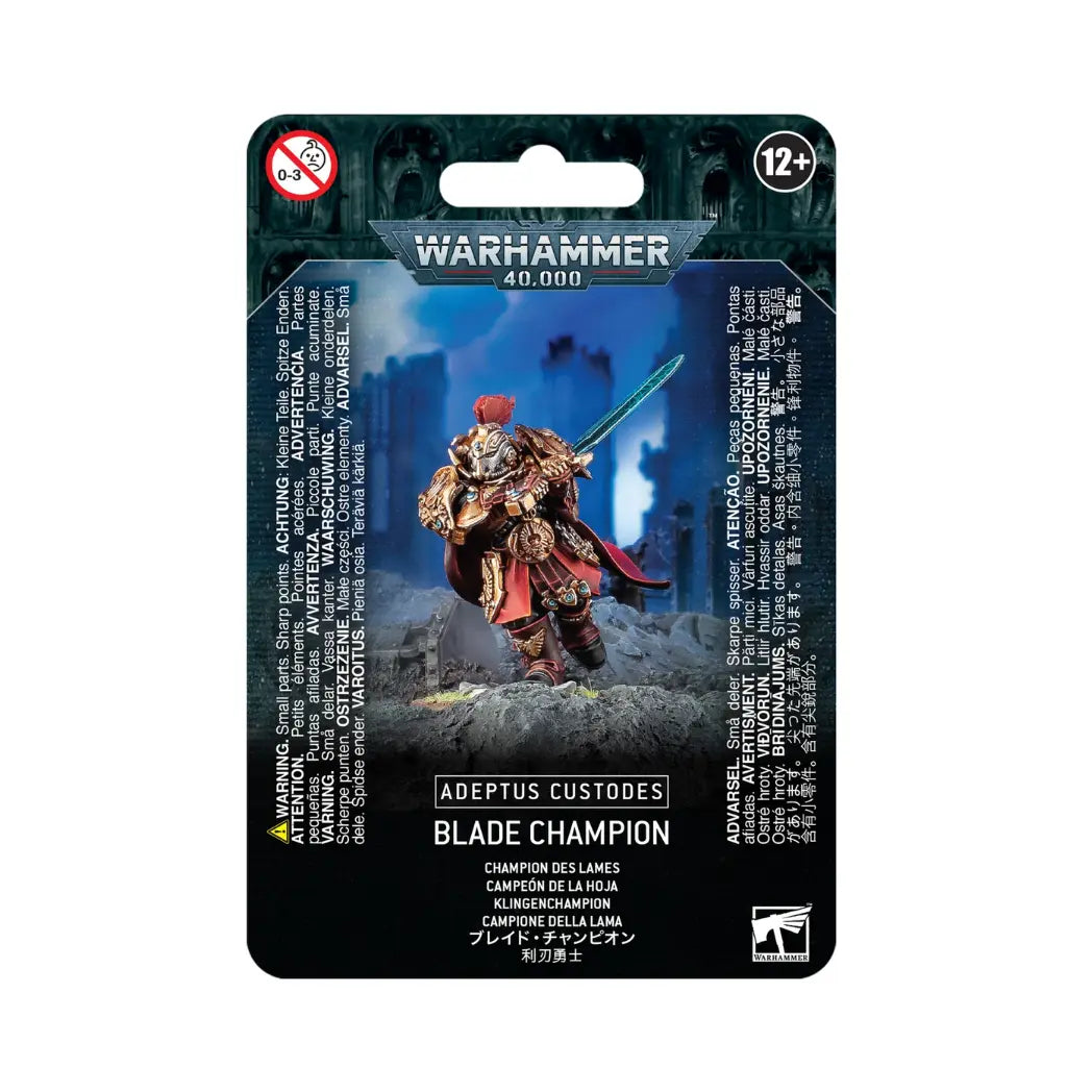 Adeptus Custodes Blade Champion box featuring a warrior in ornate gold armor and a red cape wielding two power blades.