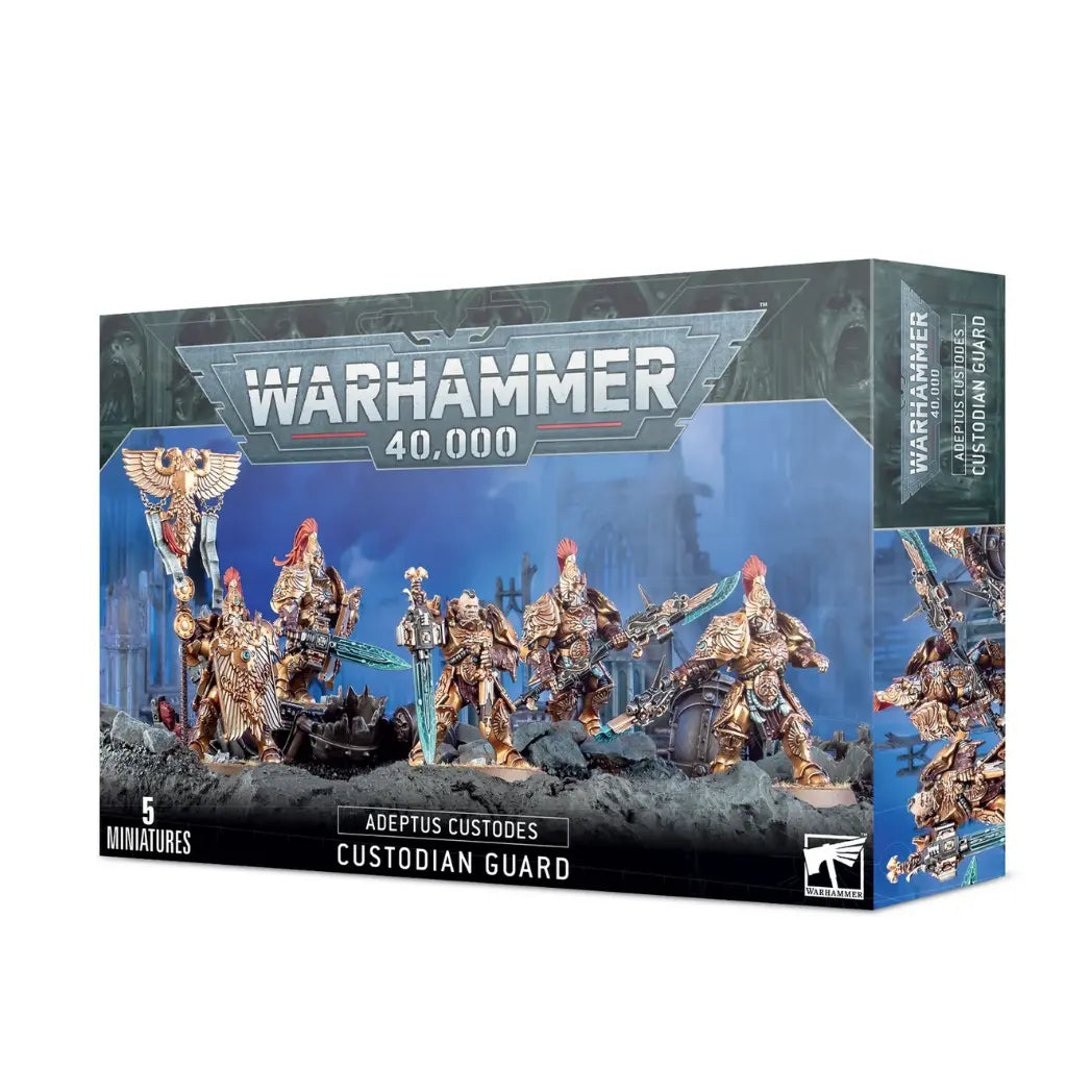 deptus Custodes Custodian Guard box featuring warriors in ornate gold armor with red plumes wielding guardian spears.