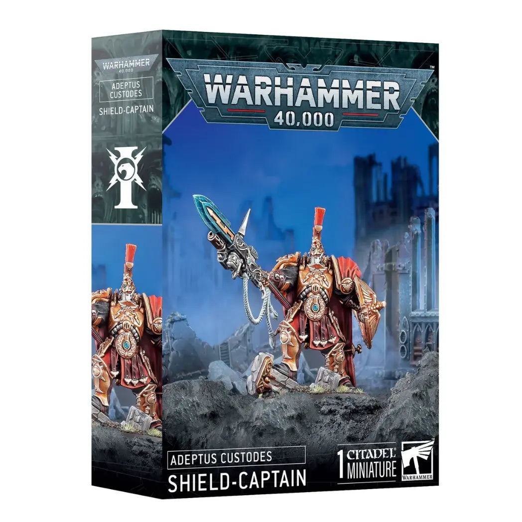 Adeptus Custodes Shield-Captain box featuring a warrior in ornate gold armor and red cape wielding a guardian spear and shield.