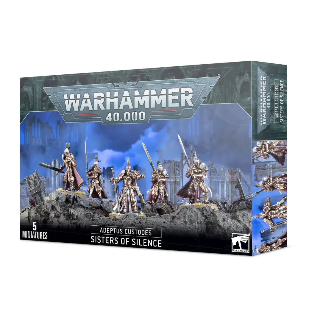 Adeptus Custodes Sisters of Silence box featuring warriors in bronze armor and purple capes wielding large swords.