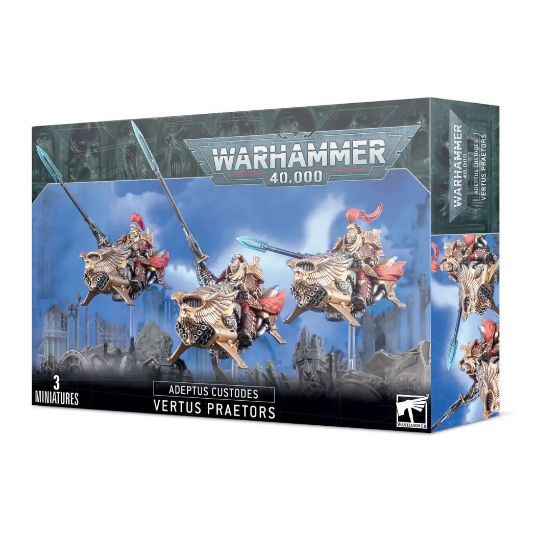 Warhammer 40k Adeptus Custodes Vertus Praetors box featuring three warriors in gold armor on winged jetbikes wielding long lances.